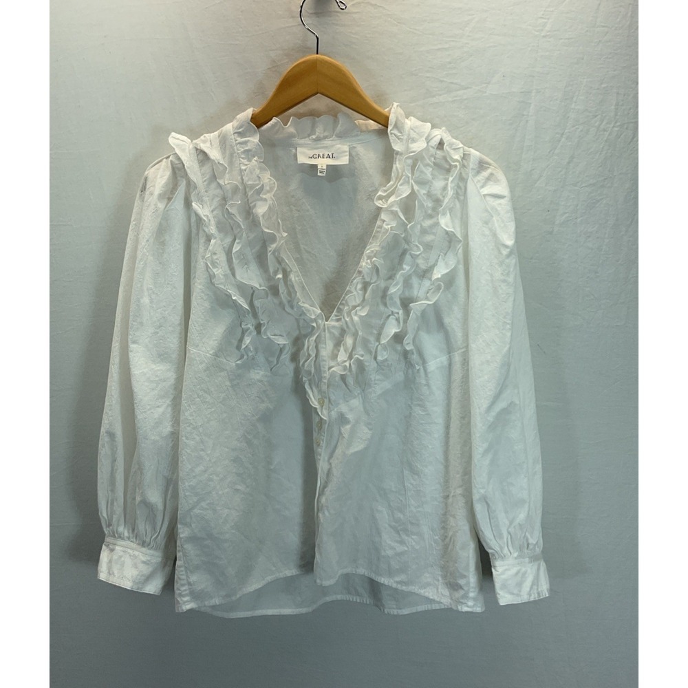 The Great Womens Size 2 White Ruffle V Neck Balloon Sleeve Victorian Blouse